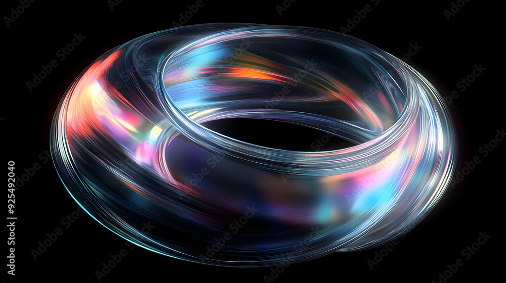 Abstract iridescent ring with a reflective surface and a black background. Abstract iridescent ring with a reflective surface and a black background.