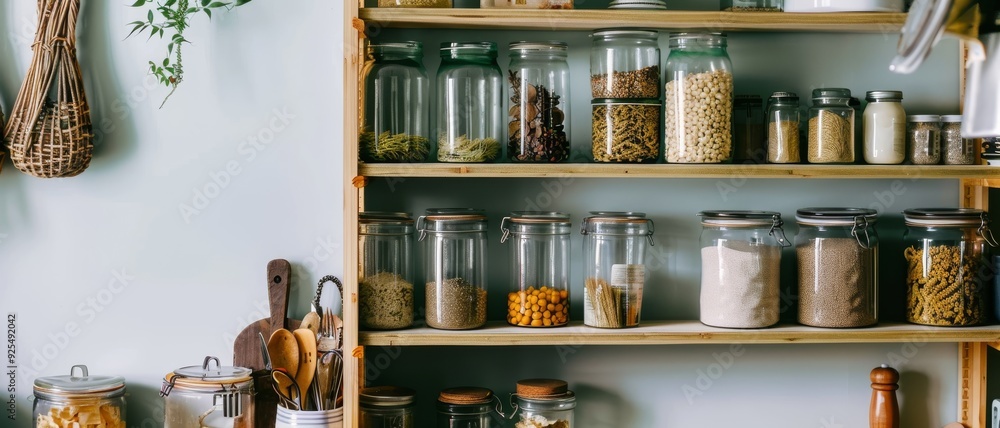 A neatly arranged kitchen pantry with glass jars and containers filled with various dried foods, spices, and ingredients, showcasing an organized cooking space. A neatly arranged kitchen pantry with glass jars and containers filled with various dried foods, spices, and ingredients, showcasing an organized cooking space.