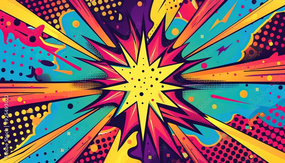 Fototapeta premium Pop Art-Style Background with Bright Colors, Bold Lines, Lightning Bolts, and Comic-Style Dots Radiating from an Explosion-Shaped Star