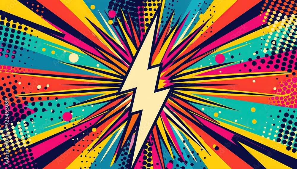 Fototapeta premium Pop Art-Style Background with Bright Colors, Bold Lines, Lightning Bolts, and Comic-Style Dots Radiating from an Explosion-Shaped Star
