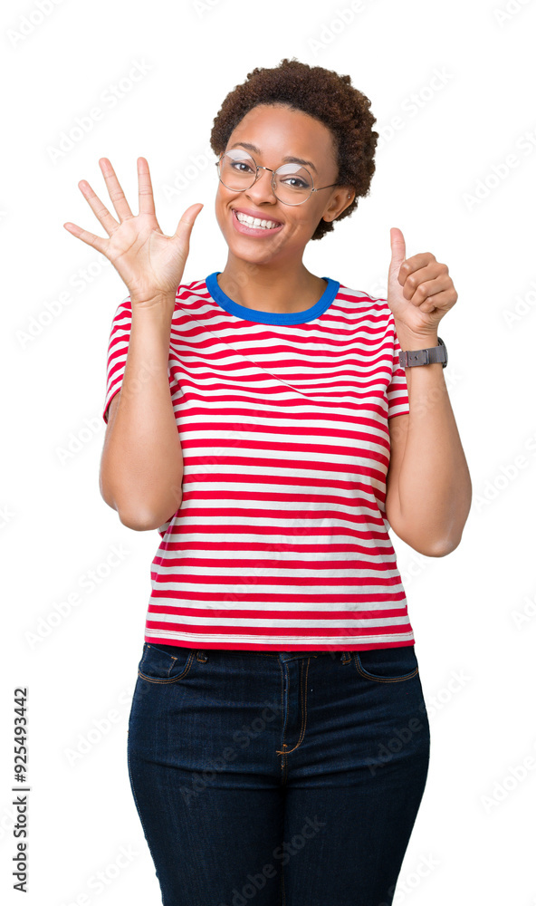 Beautiful young african american woman wearing glasses over isolated background showing and pointing up with fingers number six while smiling confident and happy. Beautiful young african american woman wearing glasses over isolated background showing and pointing up with fingers number six while smiling confident and happy.