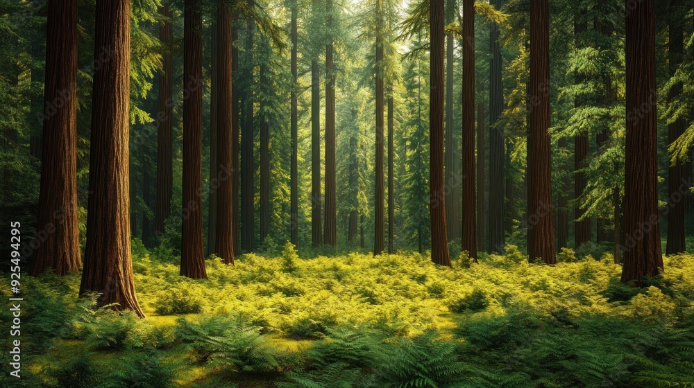 Obraz premium A fern-green forest with trees towering high into the sky and a carpet of grass covering the forest floor