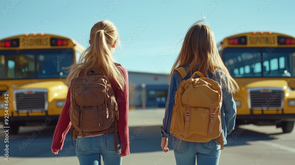 Two girls with backpacks walking towards the school bus. Two girls with backpacks walking towards the school bus.