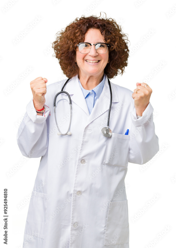 Middle ager senior doctor woman over isolated background celebrating surprised and amazed for success with arms raised and open eyes. Winner concept. Middle ager senior doctor woman over isolated background celebrating surprised and amazed for success with arms raised and open eyes. Winner concept.