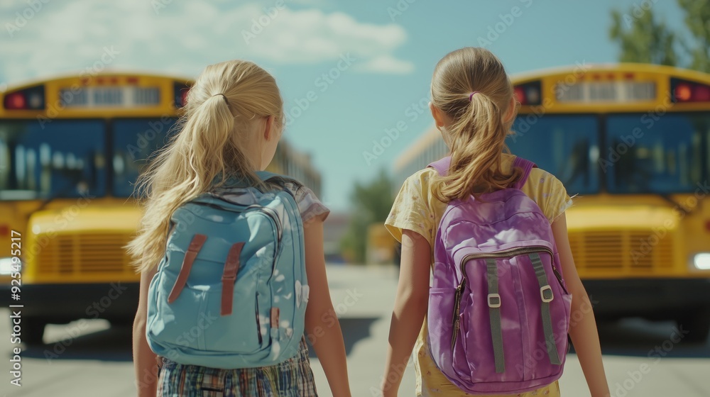 Two girls with backpacks walking towards the school bus. Two girls with backpacks walking towards the school bus.