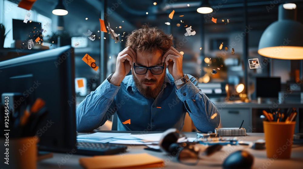 Stressed man with glasses sitting at a cluttered desk in an office, holding his head, surrounded by flying papers and office items. Stressed man with glasses sitting at a cluttered desk in an office, holding his head, surrounded by flying papers and office items.