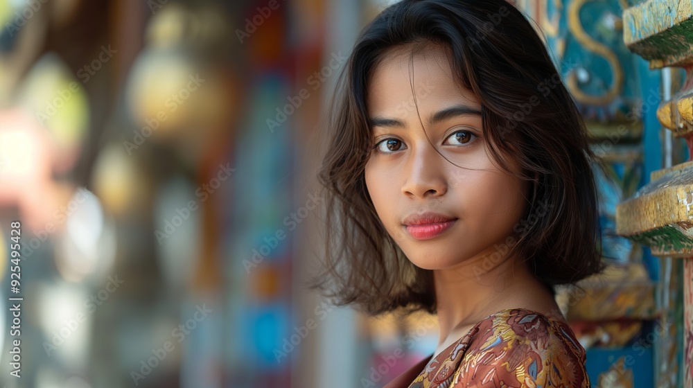 A young woman with short hair wearing a colorful top stands in a vibrant and ornate setting, exuding serenity and cultural richness. A young woman with short hair wearing a colorful top stands in a vibrant and ornate setting, exuding serenity and cultural richness.