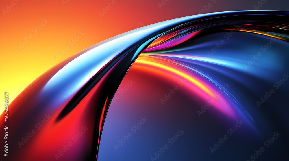 Obraz premium Abstract metallic curve with colorful gradient, shining bright in the dark blue background.