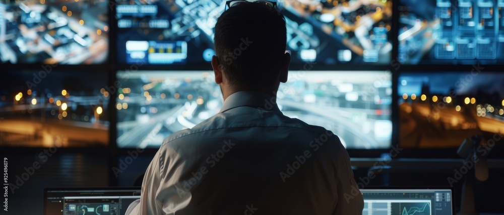 A professional works late into the night, analyzing data on multiple screens, with a cityscape visible through the dark windows. A professional works late into the night, analyzing data on multiple screens, with a cityscape visible through the dark windows.