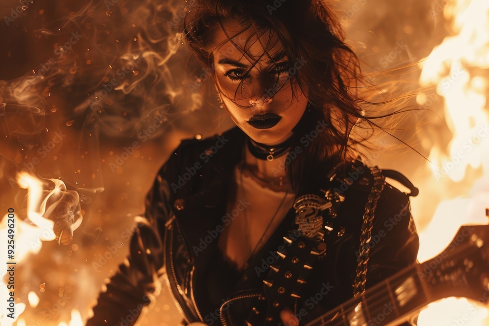 Fototapeta premium Heavy metal, biker girl with chains and spikes, ferocious expression, powerful female rock star, black leather, dressed in black leather jacket and torn jeans