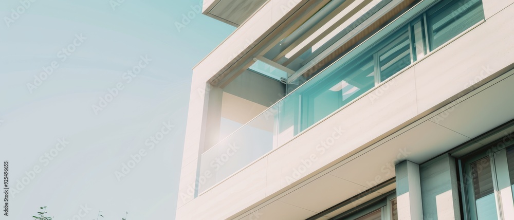 Fototapeta premium A contemporary building with large glass windows and sunlit balconies, showcasing modern architectural design.