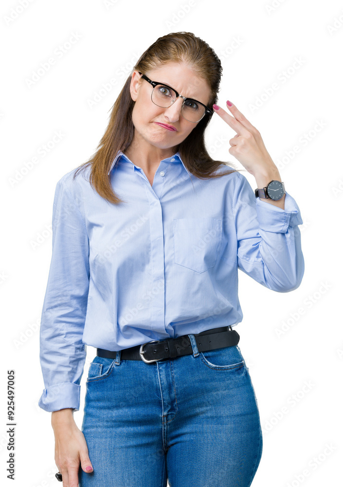 Beautiful middle age mature business woman wearing glasses over isolated background Shooting and killing oneself pointing hand and fingers to head, suicide gesture. Beautiful middle age mature business woman wearing glasses over isolated background Shooting and killing oneself pointing hand and fingers to head, suicide gesture.
