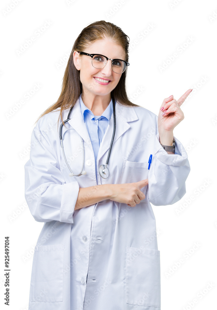 Middle age mature doctor woman wearing medical coat over isolated background with a big smile on face, pointing with hand and finger to the side looking at the camera. Middle age mature doctor woman wearing medical coat over isolated background with a big smile on face, pointing with hand and finger to the side looking at the camera.