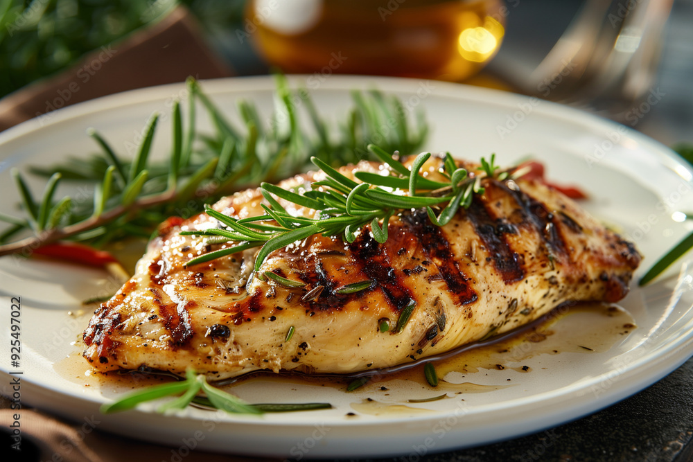 Grilled chicken breast garnished with fresh rosemary sprigs Grilled chicken breast garnished with fresh rosemary sprigs