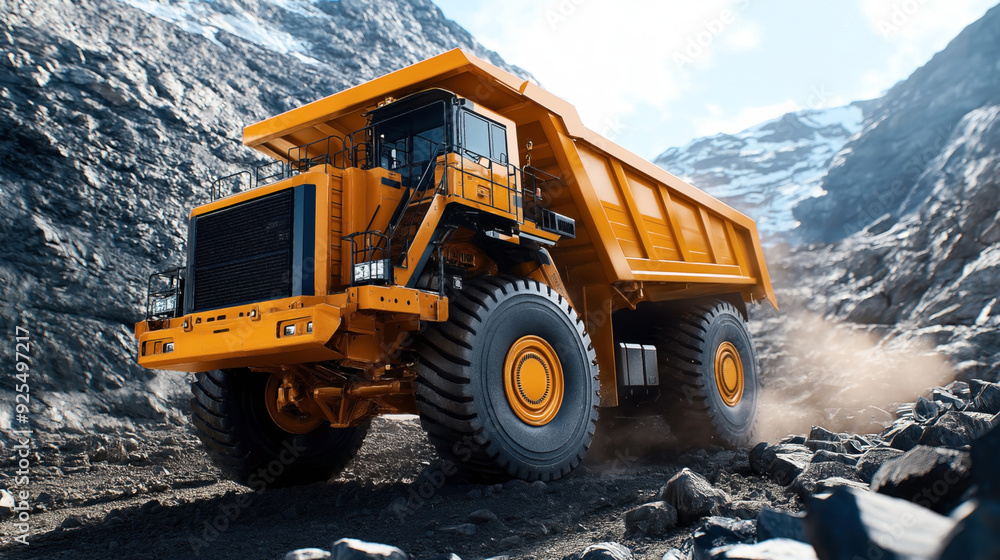 Large yellow mining dump truck driving through a rocky quarry with mountainous background on a sunny day. Large yellow mining dump truck driving through a rocky quarry with mountainous background on a sunny day.