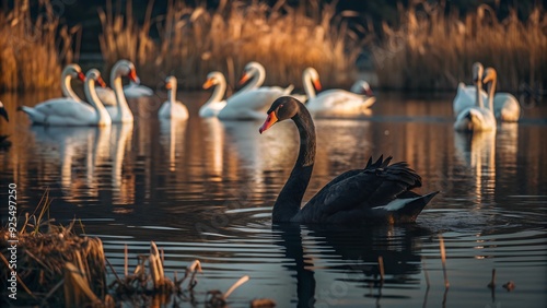 Black swan with glossy feathers contrasting distinctively among a group of elegant white swans swimming in the pond photo