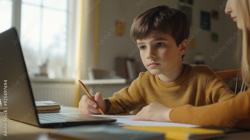 A boy is sitting at the table and doing homework with a laptop. A boy is sitting at the table and doing homework with a laptop.
