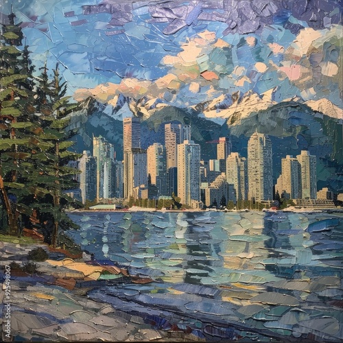 Vancouver skyline in front of North Shore Mountain. Generative ai.