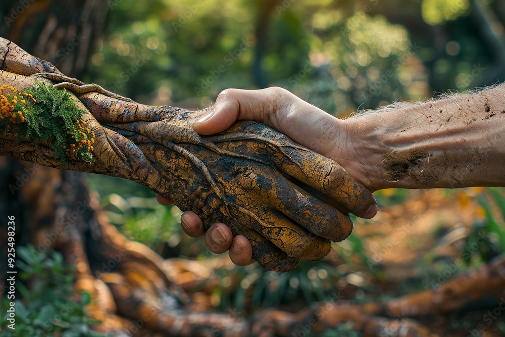 A human hand shaking hands with a hand made of leaves and vines, symbolizing a bond with nature A human hand shaking hands with a hand made of leaves and vines, symbolizing a bond with nature