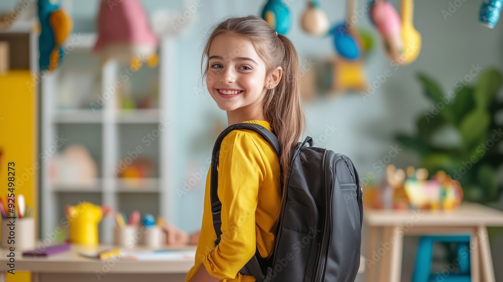 A happy young girl with a school bag stands at the desk in her room. A happy young girl with a school bag stands at the desk in her room.