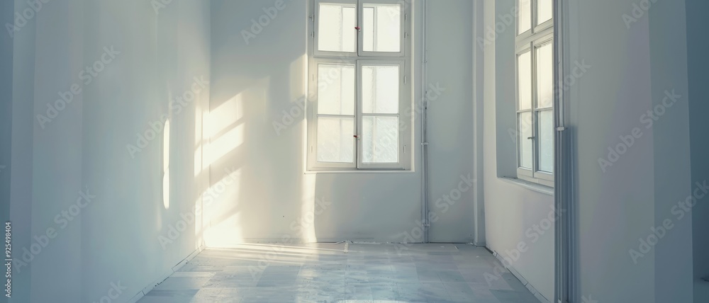 Obraz premium A serene, unfurnished room bathed in soft natural light coming through tall windows, evoking calmness and simplicity.