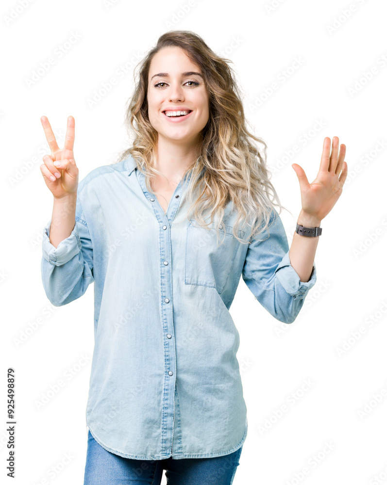 Beautiful young blonde woman over isolated background showing and pointing up with fingers number seven while smiling confident and happy. Beautiful young blonde woman over isolated background showing and pointing up with fingers number seven while smiling confident and happy.