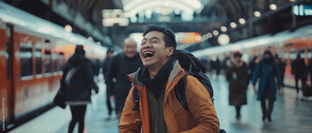 A joyful man with a backpack laughs in a busy train station, embodying excitement for upcoming travels or new adventures.