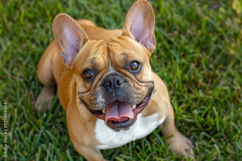 medium-sized dog on lawn. green grass, ears raised, tongue out, morning dawn medium-sized dog on lawn. green grass, ears raised, tongue out, morning dawn