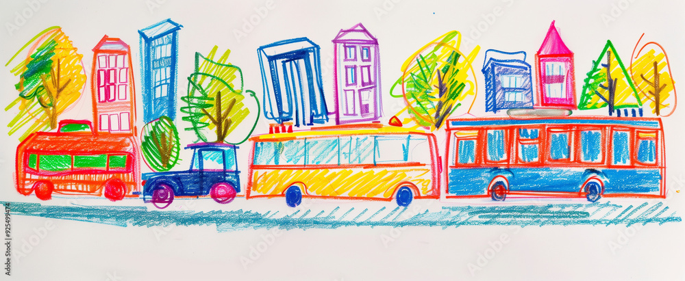 childs crayon drawing of public transport, scribble marks and pencil marks visible on white paper background childs crayon drawing of public transport, scribble marks and pencil marks visible on white paper background