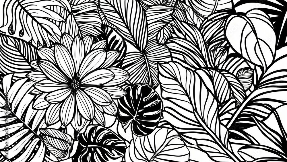 Coloring page flowers, leaves Coloring page flowers, leaves