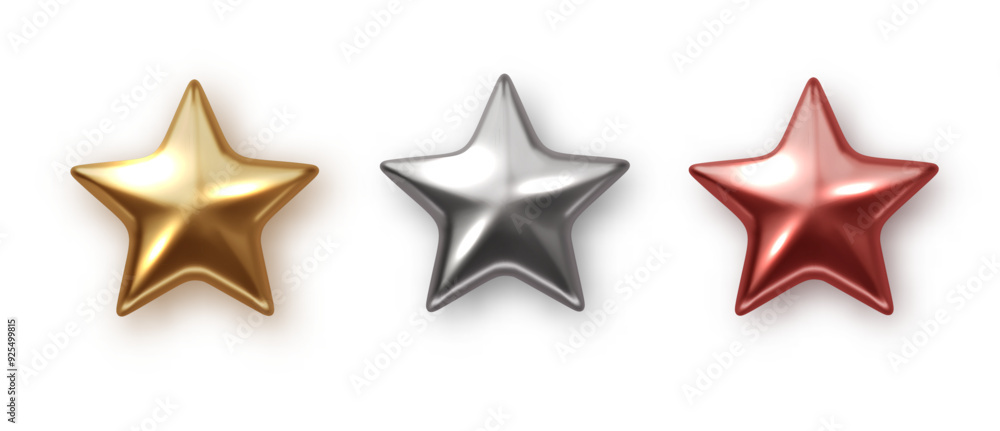Obraz premium Golden, silver and bronze stars realistic PNG. Trophy star icon. Symbol of leadership. Christmas design