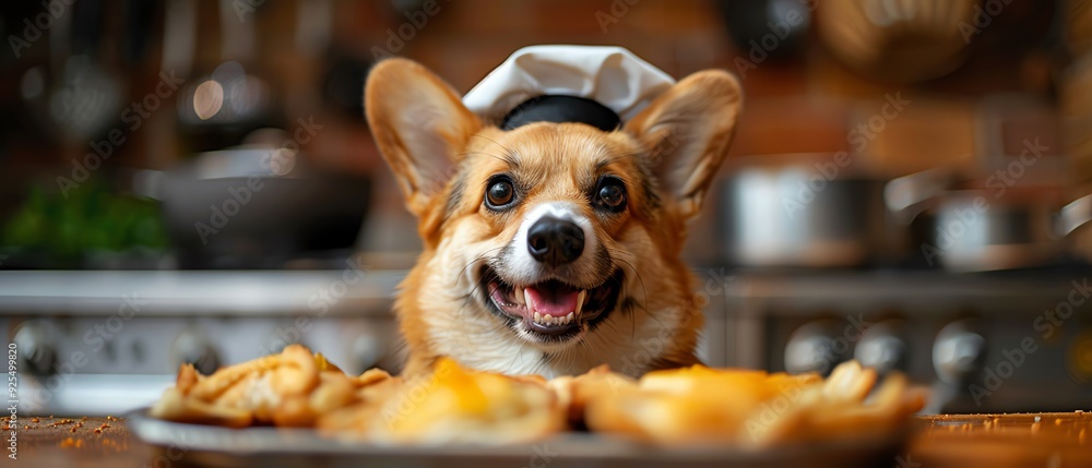 Corgi wearing a chefs hat, happy expression, bright orange background Corgi wearing a chefs hat, happy expression, bright orange background