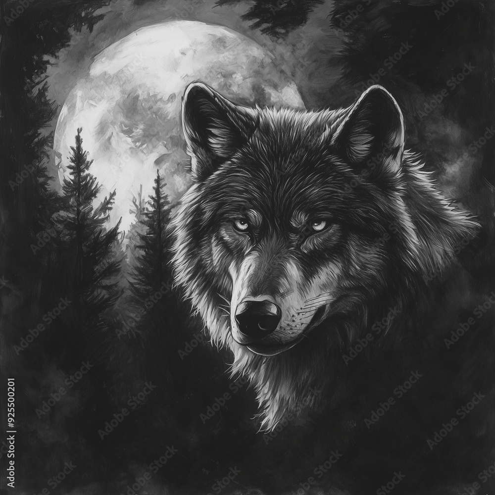 Art wolf, charcoal pencils, moonlight, fierce and mysterious, bold contrasts, forest background Art wolf, charcoal pencils, moonlight, fierce and mysterious, bold contrasts, forest background