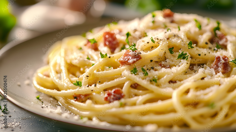 Freshly made spaghetti with creamy sauce pancetta and Parmesan Freshly made spaghetti with creamy sauce pancetta and Parmesan