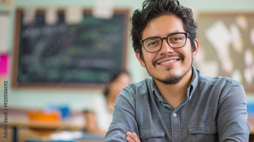 Fototapeta premium A man wearing glasses and a dark shirt is smiling while sitting in a classroom, with a blackboard visible in the background.
