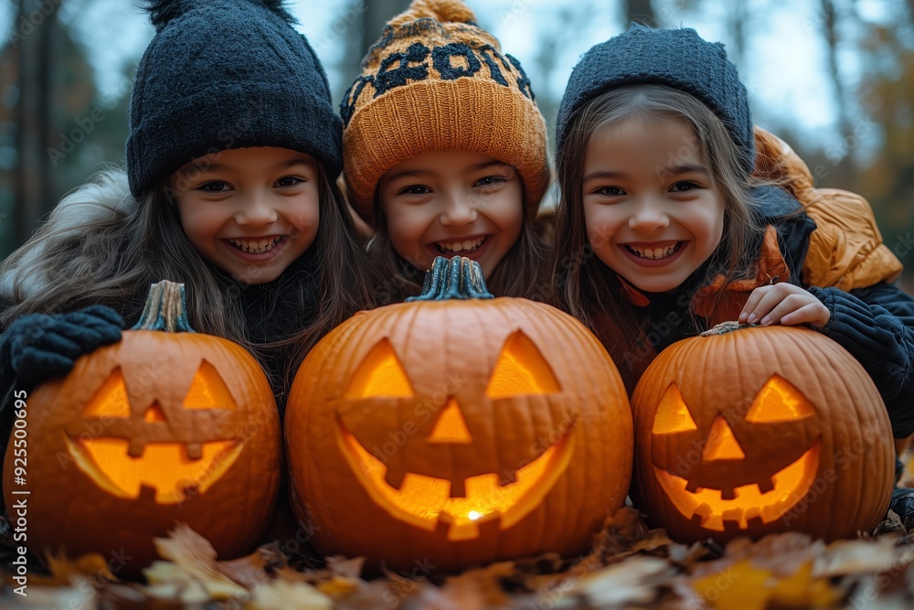 Three children joyfully display carved pumpkins in a colorful autumn forest during Halloween festivities Three children joyfully display carved pumpkins in a colorful autumn forest during Halloween festivities