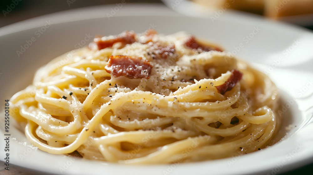 Savory spaghetti with creamy pancetta and Parmesan Savory spaghetti with creamy pancetta and Parmesan