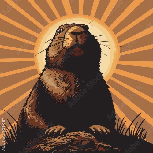 Vector illustration of Punxsutawney Phil looking at the sky. Generative ai.