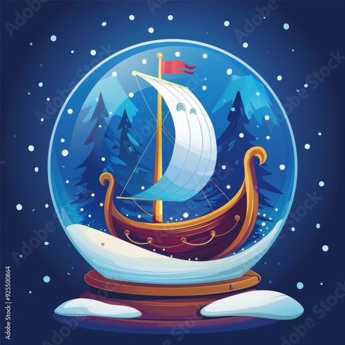 Vector Snow Globe and Viking Ship. Generative ai.