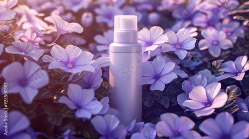 a hair cream bottle on a flower bed full of darker and light purple flowers