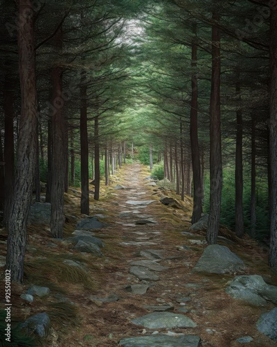 A tranquil stone pathway runs through a dense, serene forest with tall trees, creating a calm, natural ambiance. photo