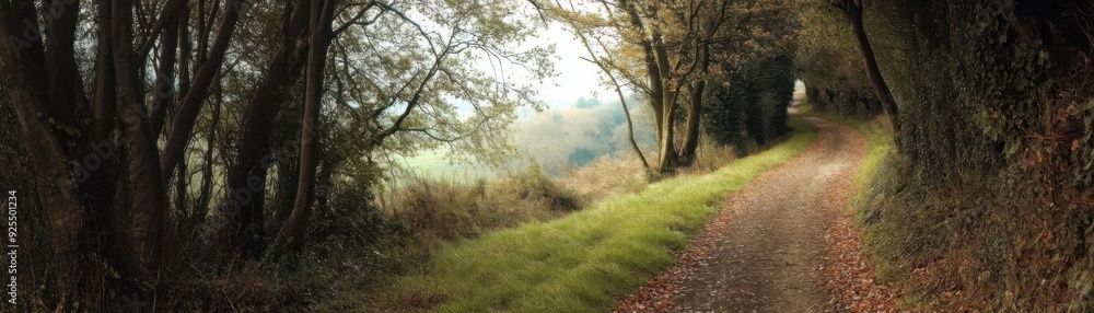 A tranquil forest pathway with trees arching overhead, leading into a foggy, distant landscape in the morning light. A tranquil forest pathway with trees arching overhead, leading into a foggy, distant landscape in the morning light.