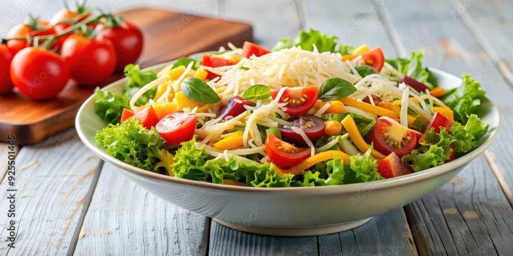 Fresh vegetable salad with shredded cheese on top , healthy, colorful, vibrant, diet, nutrition, gourmet, organic Fresh vegetable salad with shredded cheese on top , healthy, colorful, vibrant, diet, nutrition, gourmet, organic