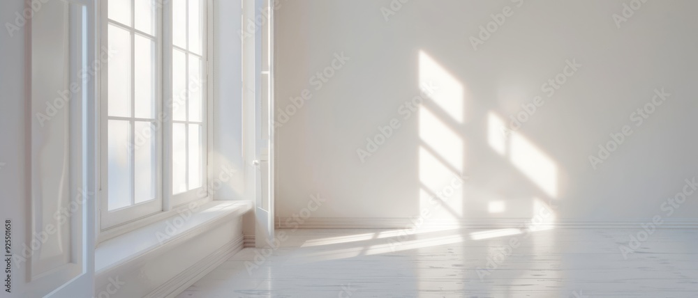Fototapeta premium Sunlight streams through a large window, brightening an airy, minimalist room with shadows cast on the pristine wooden floor.