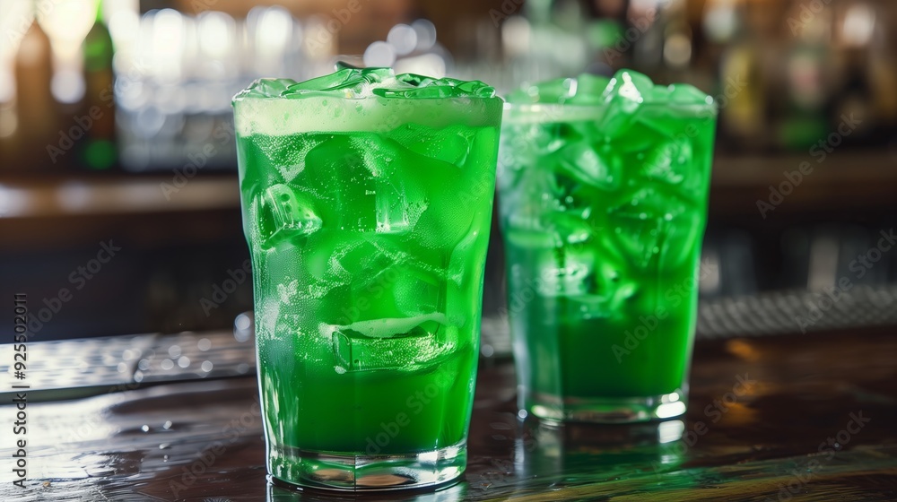 Green foamy beer in a glass with ice on a bar counter against the background of a bar. St. Patrick's Day drink concept. Green foamy beer in a glass with ice on a bar counter against the background of a bar. St. Patrick's Day drink concept.