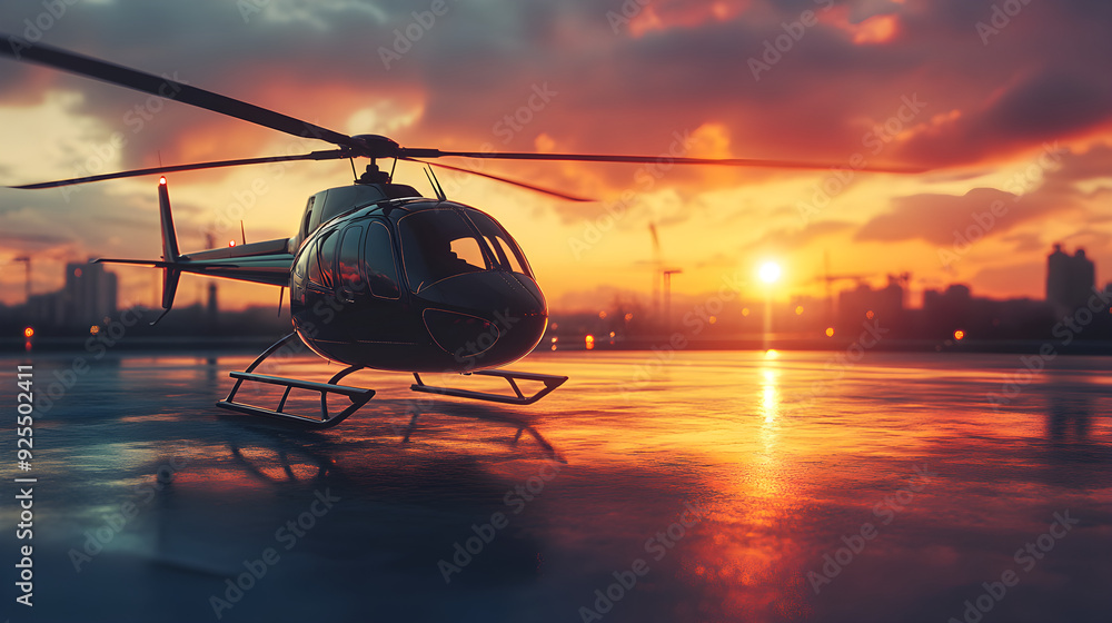 Sleek black helicopter on private helipad at sunset a moment of pure freedom Sleek black helicopter on private helipad at sunset a moment of pure freedom