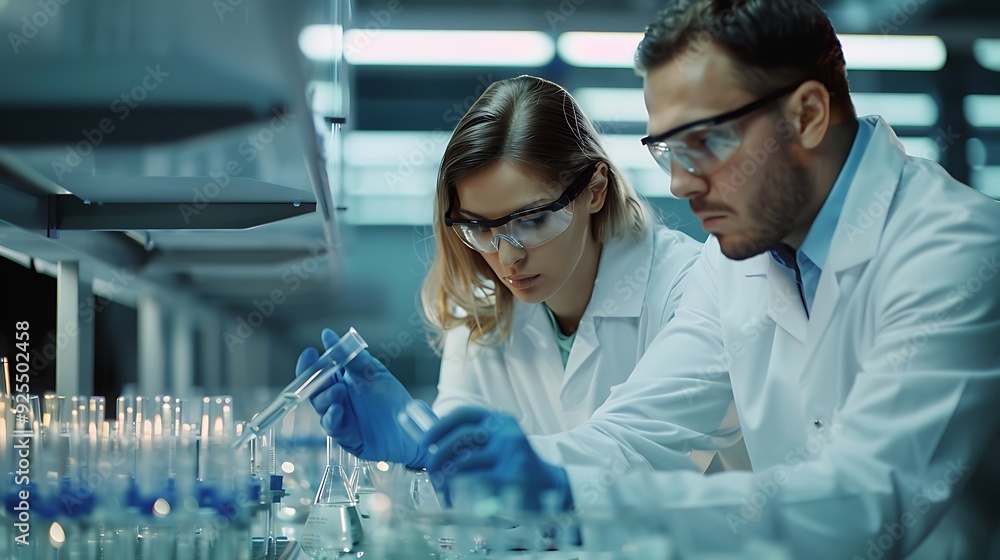 Scientists in a bustling lab, each holding test tubes filled with colorful liquids as they collaborate on groundbreaking research Scientists in a bustling lab, each holding test tubes filled with colorful liquids as they collaborate on groundbreaking research