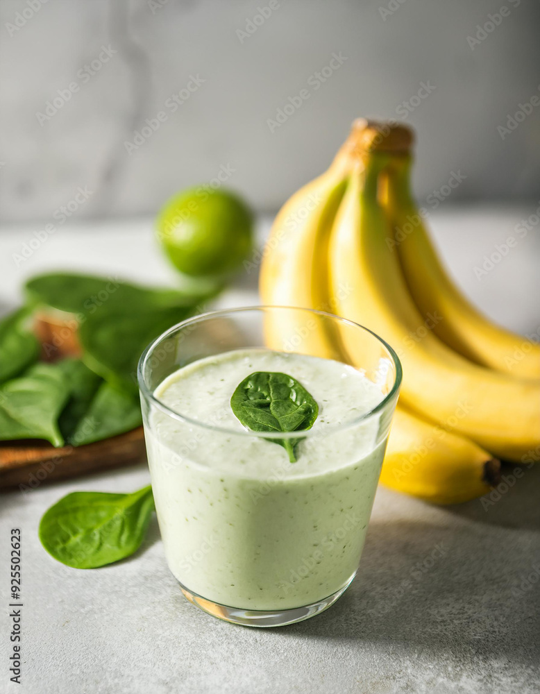 Refreshing Greek yogurt smoothie with bananas, spinach and lime in glass. Tasty and healthy drink. Refreshing Greek yogurt smoothie with bananas, spinach and lime in glass. Tasty and healthy drink.