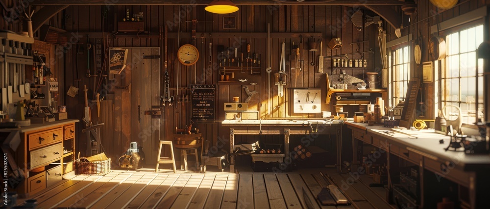 A warmly lit, rustic workshop filled with various tools, equipment, and wooden furniture, exuding a cozy yet industrious atmosphere. A warmly lit, rustic workshop filled with various tools, equipment, and wooden furniture, exuding a cozy yet industrious atmosphere.