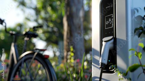 Wallpaper Mural Electric bike charging station in vibrant green park setting. focus on charging port with bicycle visible in background. clean energy and sustainable transport theme. Torontodigital.ca